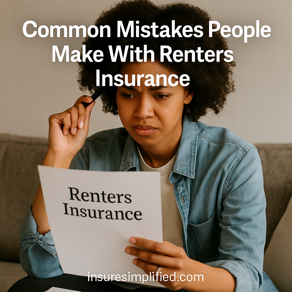 Young woman sitting on a couch reviewing a Renters Insurance document with a pen in her hand, featuring the overlaid title “Common Mistakes People Make With Renters Insurance” and an insuresimplified.com watermark.