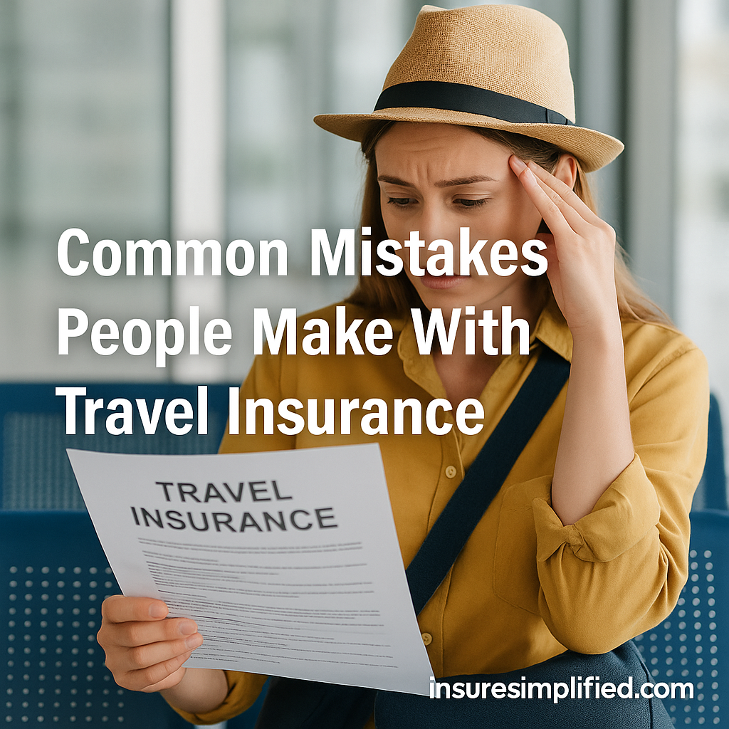 Young woman wearing a straw hat reviewing a travel insurance document with a concerned expression, featuring the overlaid title “Common Mistakes People Make With Travel Insurance” and an insuresimplified.com watermark.