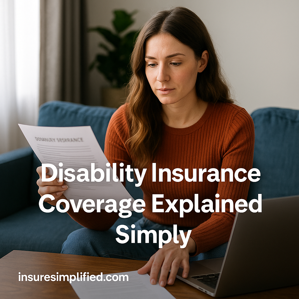 Woman sitting on a sofa reviewing a disability insurance document while using her laptop.