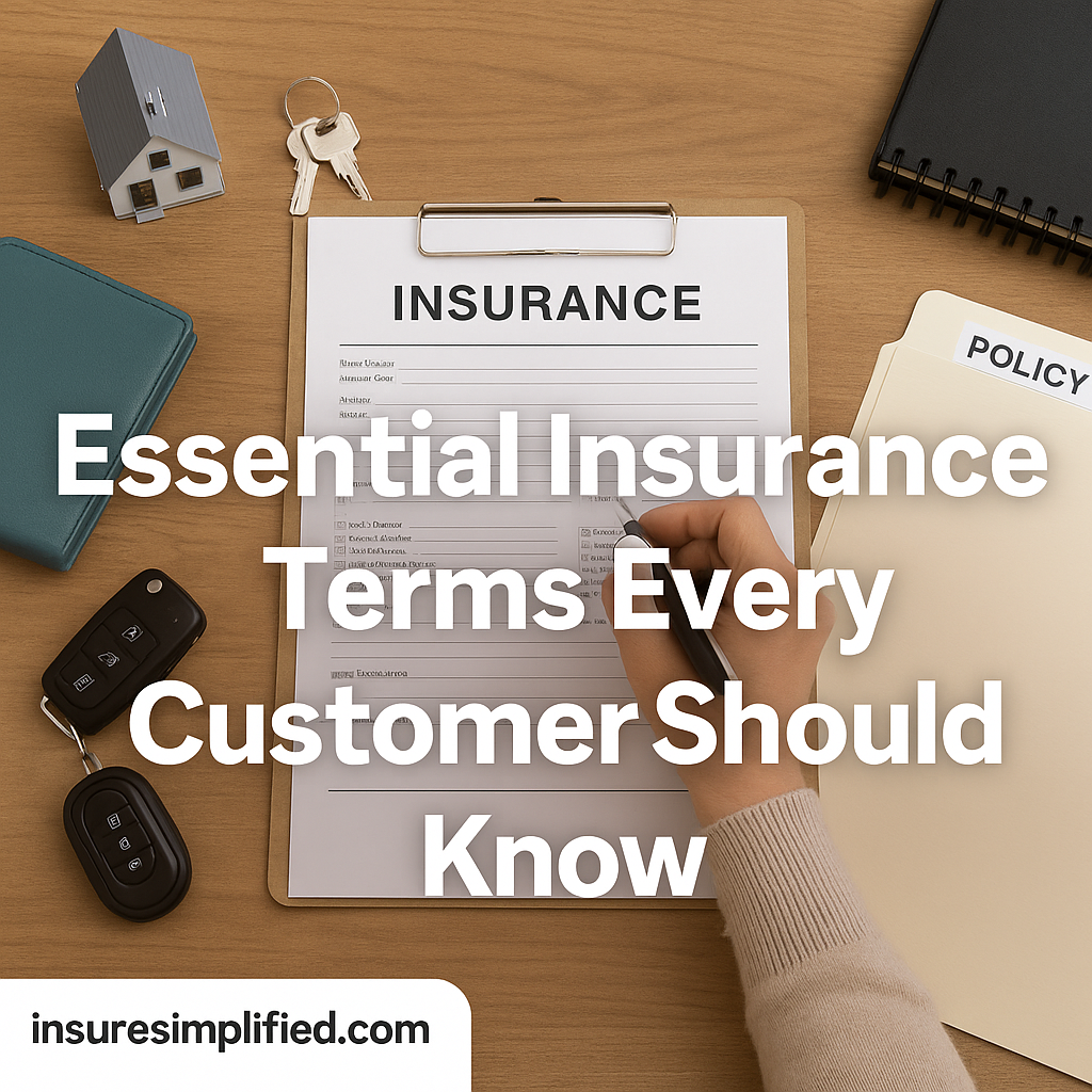 A clipboard holding an insurance form surrounded by a model house, keys, wallet, and policy folder, with a hand filling out the document and an overlaid title reading “Essential Insurance Terms Every Customer Should Know,” along with an insuresimplified.com watermark in the bottom left.