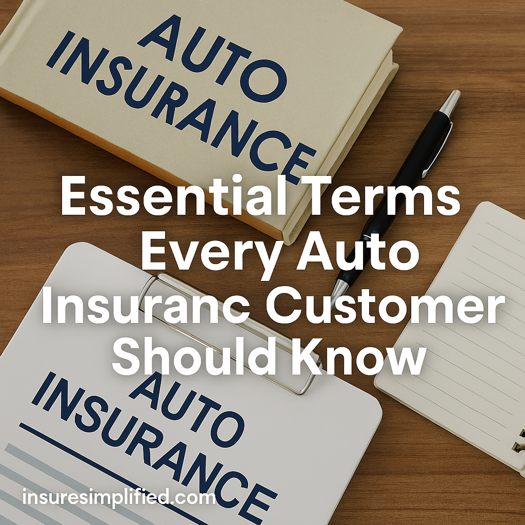 An auto insurance book and a clipboard with documents arranged on a wooden desk, featuring the overlaid title “Essential Terms Every Auto Insurance Customer Should Know” and an insuresimplified.com watermark in the bottom left.