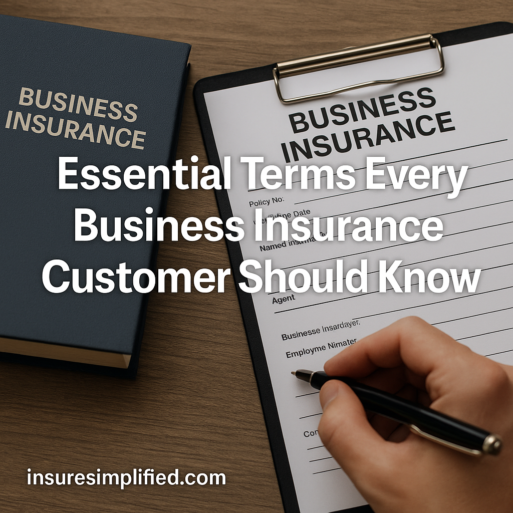 A close-up of a business insurance book and a clipboard with a business insurance form being filled out by a hand holding a pen, featuring an overlaid title reading “Essential Terms Every Business Insurance Customer Should Know” and an insuresimplified.com watermark in the bottom left.