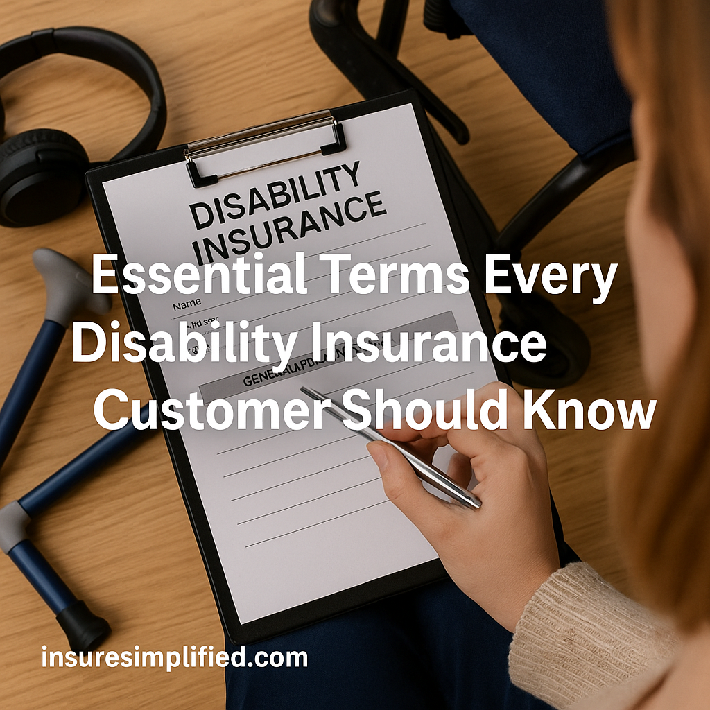 A disability insurance form on a clipboard held by a woman’s hand with a pen, surrounded by a cane, headphones, and a wheelchair seat, featuring the overlaid title “Essential Terms Every Disability Insurance Customer Should Know” and an insuresimplified.com watermark in the bottom left.