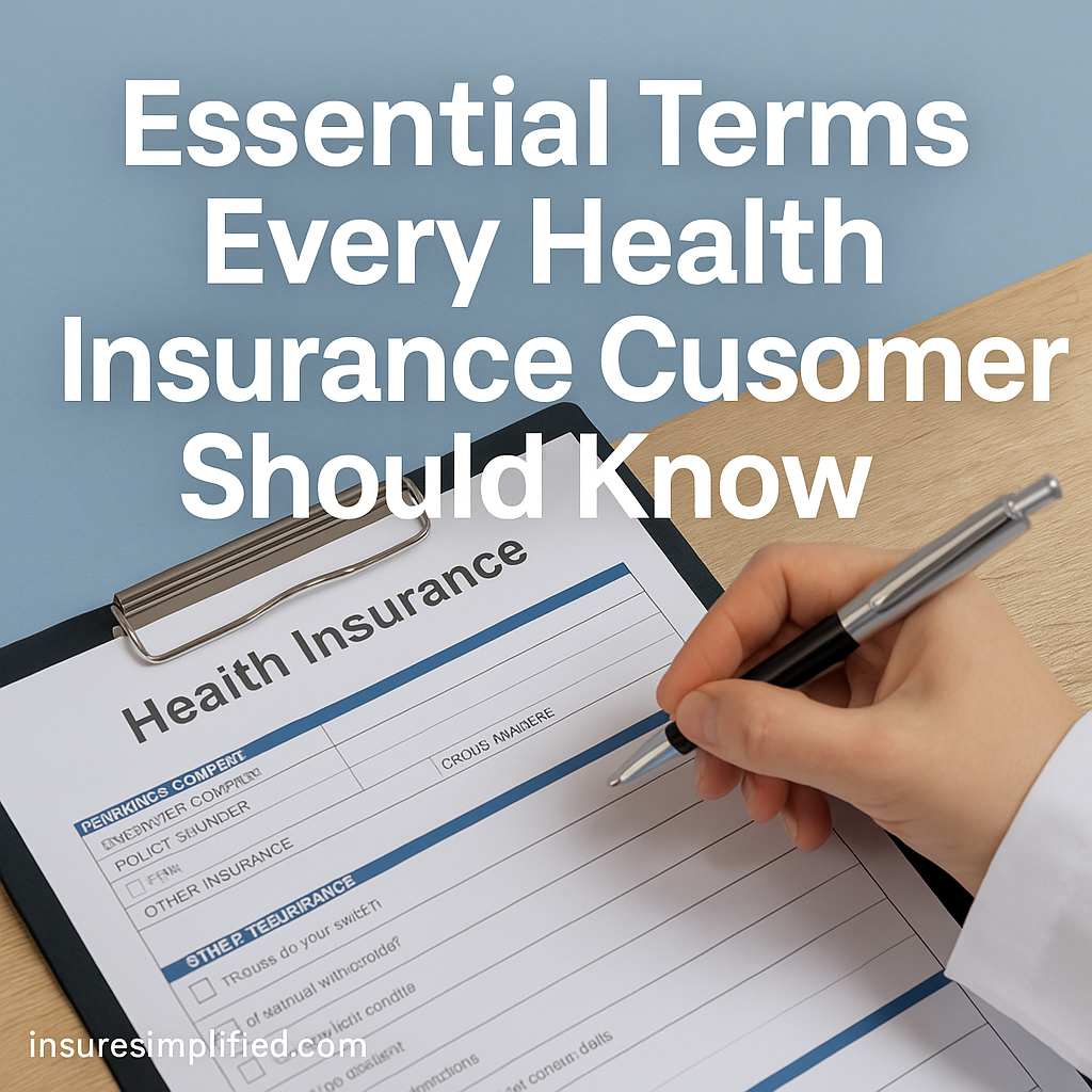 A health insurance form on a clipboard being filled out by a hand holding a pen, with the overlaid title “Essential Terms Every Health Insurance Customer Should Know” and an insuresimplified.com watermark in the bottom left.