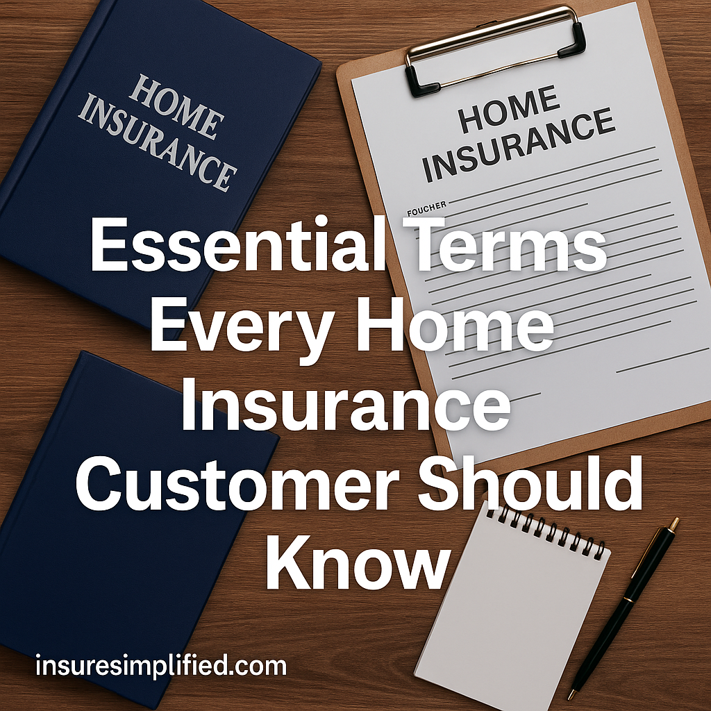 A home insurance book, clipboard with a home insurance document, notebook, and pen arranged on a wooden desk, featuring an overlaid title reading “Essential Terms Every Home Insurance Customer Should Know” and an insuresimplified.com watermark in the bottom left.