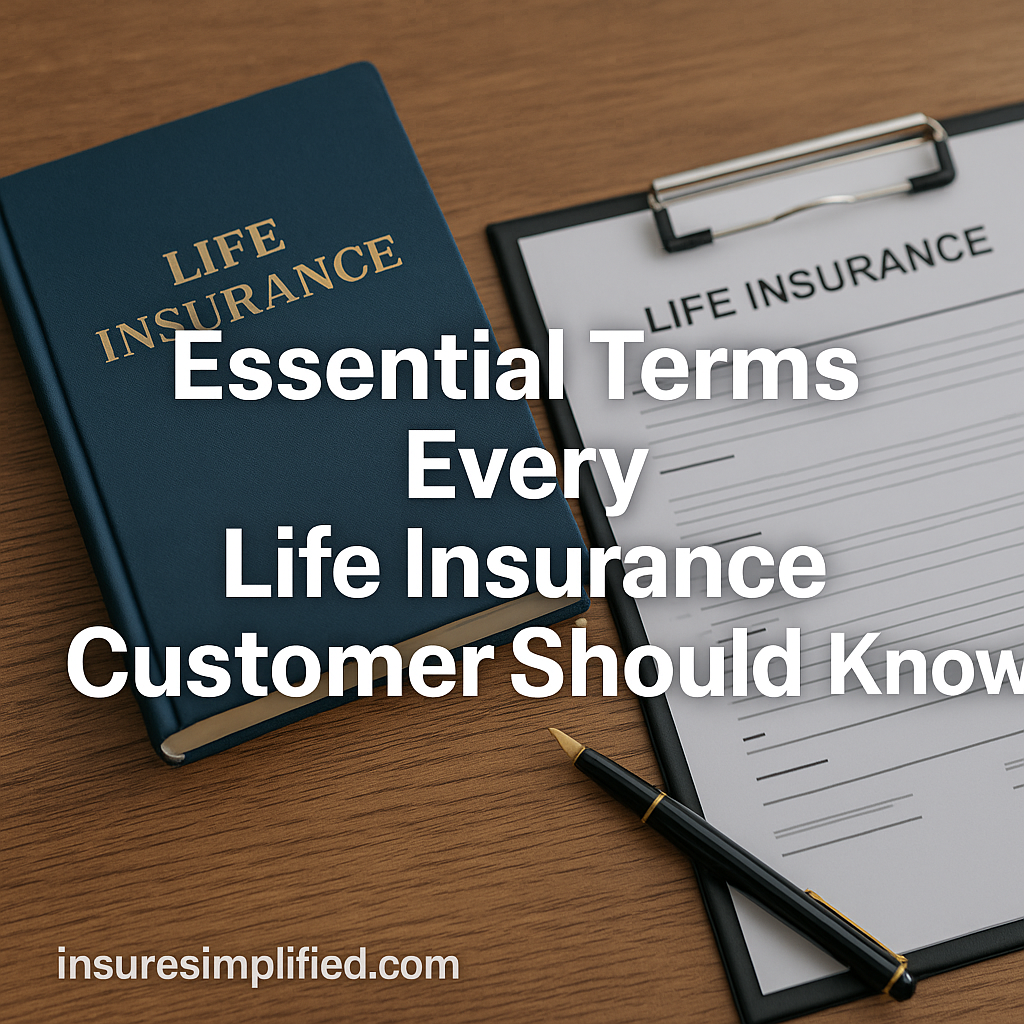 A hardcover life insurance book and a clipboard holding a life insurance document arranged on a wooden desk, featuring an overlaid title reading “Essential Terms Every Life Insurance Customer Should Know” and an insuresimplified.com watermark in the bottom left.