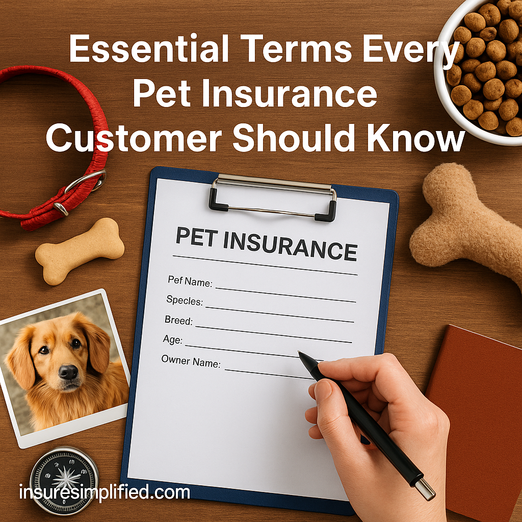 A pet insurance form on a clipboard surrounded by a dog photo, treats, a collar, and pet supplies, with a hand holding a pen and an overlaid title reading “Essential Terms Every Pet Insurance Customer Should Know,” along with an insuresimplified.com watermark in the bottom left.