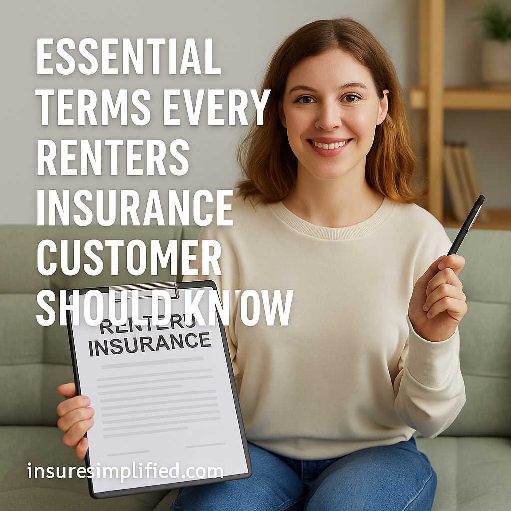 A woman sitting on a sofa holding a clipboard with a renters insurance document and a pen, featuring an overlaid title reading “Essential Terms Every Renters Insurance Customer Should Know” and an insuresimplified.com watermark in the bottom left.