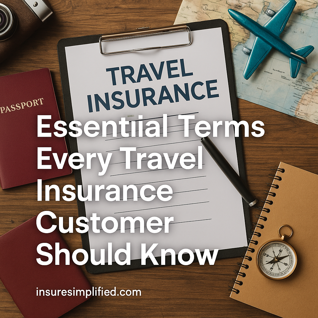 A travel insurance document on a clipboard surrounded by a passport, map, toy airplane, compass, and notebook, featuring the overlaid title “Essential Terms Every Travel Insurance Customer Should Know” and an insuresimplified.com watermark in the bottom left.