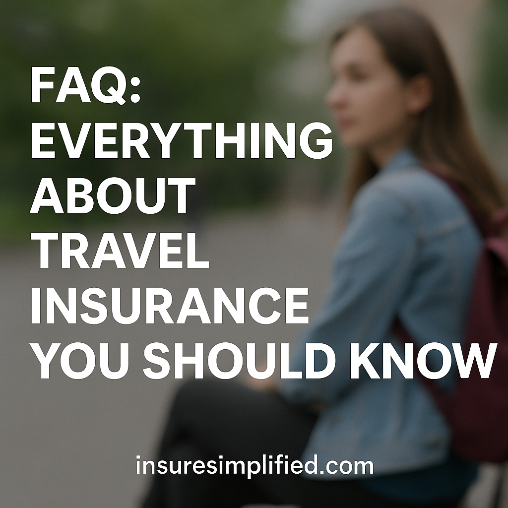 Woman outdoors with a backpack, blurred in the background, alongside travel insurance FAQ text for InsureSimplified.com.
