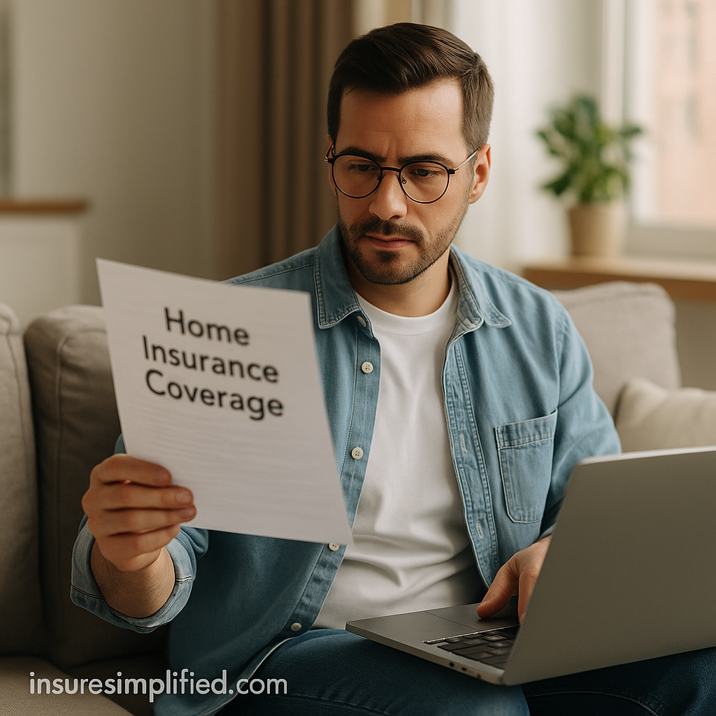 Man sitting on a sofa reviewing a printed document about home insurance coverage while using his laptop.