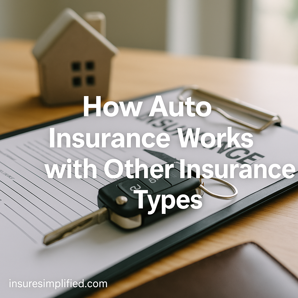 A close-up of a clipboard holding an auto insurance document with a car key placed on top, with a small house figurine blurred in the background. The image includes a title overlay reading “How Auto Insurance Works with Other Insurance Types” and an insuresimplified.com watermark in the bottom left.
