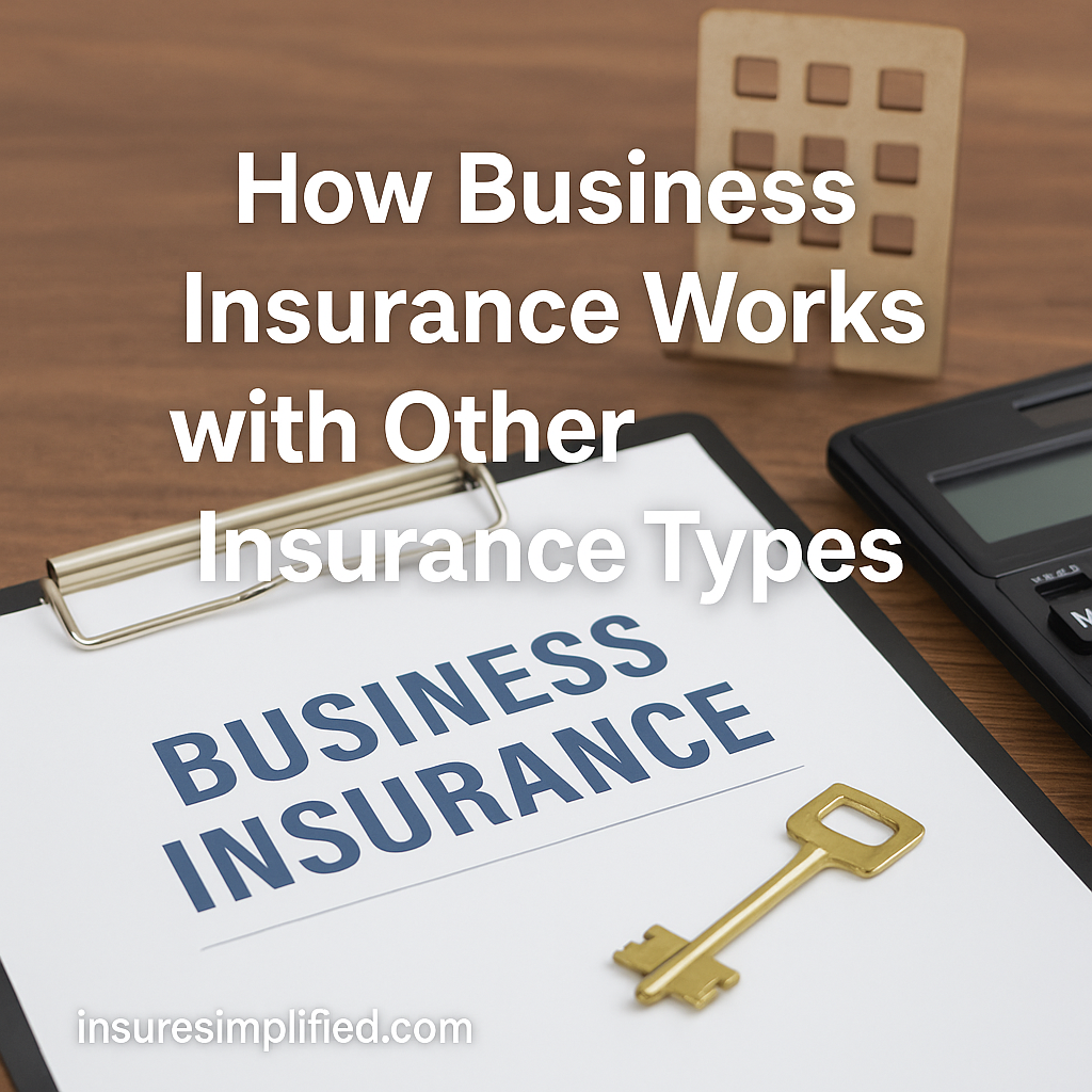 A business insurance document on a clipboard with a gold key resting on top, placed on a wooden desk beside a calculator and a small building model. The image includes an overlaid title reading “How Business Insurance Works with Other Insurance Types” and an insuresimplified.com watermark in the bottom left.