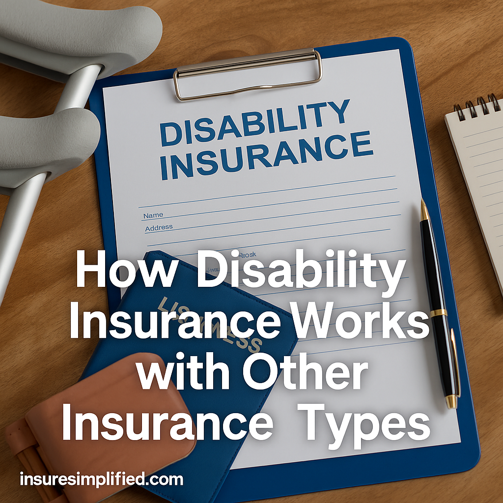 A clipboard holding a disability insurance form placed on a wooden desk alongside crutches, a notebook, and a pen. The image includes an overlaid title reading “How Disability Insurance Works with Other Insurance Types” and an insuresimplified.com watermark in the bottom left.