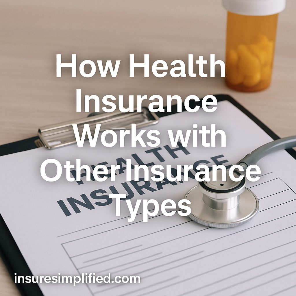 A health insurance form on a clipboard with a stethoscope resting on it and a prescription pill bottle in the background, featuring an overlaid title reading “How Health Insurance Works with Other Insurance Types” and an insuresimplified.com watermark in the bottom left.
