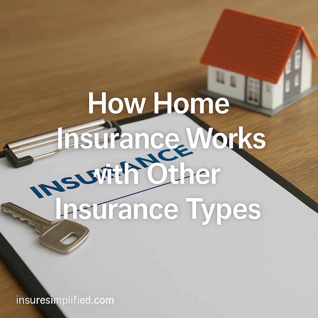 A clipboard holding a home insurance document with a house key placed on top, with a small model house in the background. The image includes an overlaid title reading “How Home Insurance Works with Other Insurance Types” and an insuresimplified.com watermark in the bottom left.