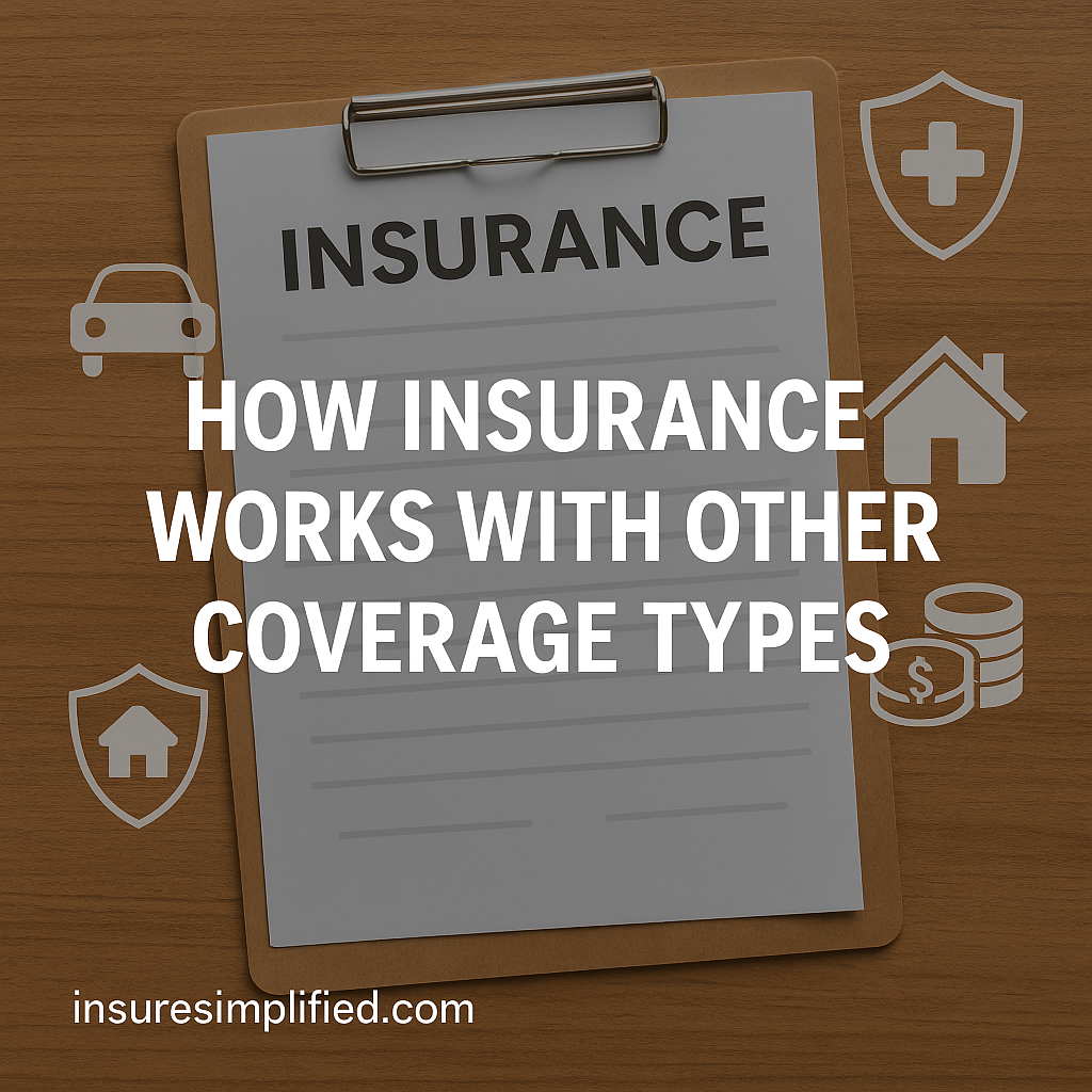 A clipboard holding an insurance document on a wooden desk, surrounded by icons representing different insurance types, with the overlaid title “How Insurance Works with Other Coverage Types” and an insuresimplified.com watermark in the bottom left.