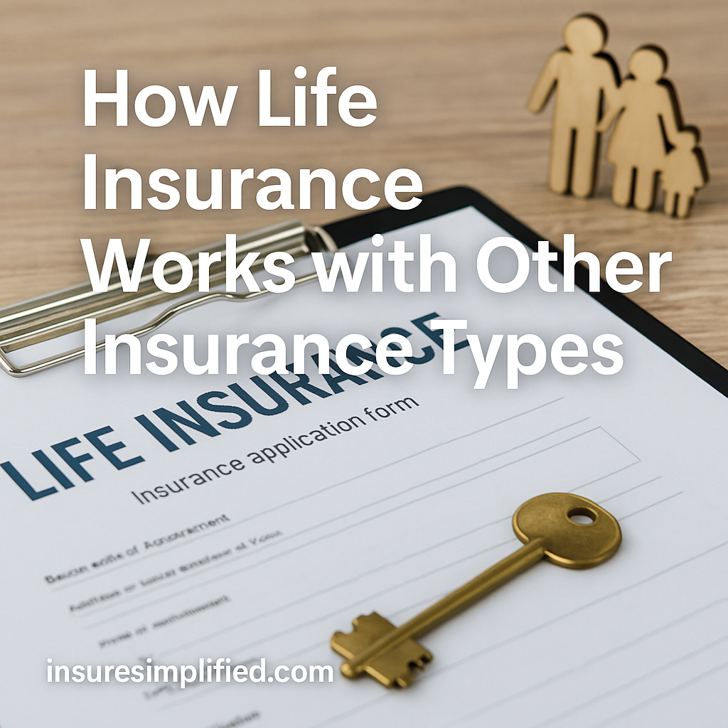 A life insurance document on a clipboard with a gold key placed on top, with a wooden family figurine in the background and an overlaid title reading “How Life Insurance Works with Other Insurance Types,” along with an insuresimplified.com watermark in the bottom left.