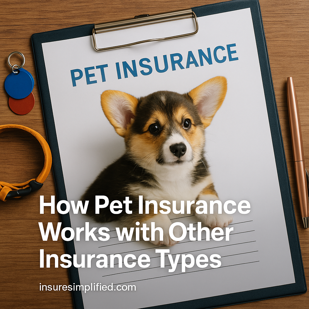 A clipboard displaying a pet insurance form with a corgi puppy sitting on it, surrounded by pet accessories and featuring an overlaid title reading “How Pet Insurance Works with Other Insurance Types,” with an insuresimplified.com watermark in the bottom left.