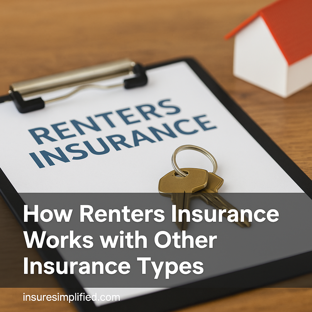 A close-up of a renters insurance document on a clipboard with a set of brass keys placed on top, with a small model house in the background. The image includes an overlaid title reading “How Renters Insurance Works with Other Insurance Types” and an insuresimplified.com watermark in the bottom left.