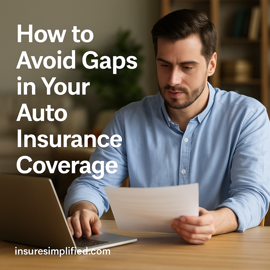 Man reviewing an auto insurance document while sitting at a table with an open laptop in a bright living room.