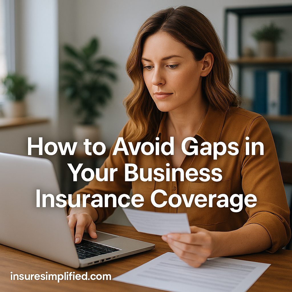 Woman reviewing business insurance documents while using her laptop at a desk, with the title “How to Avoid Gaps in Your Business Insurance Coverage” displayed on the image.