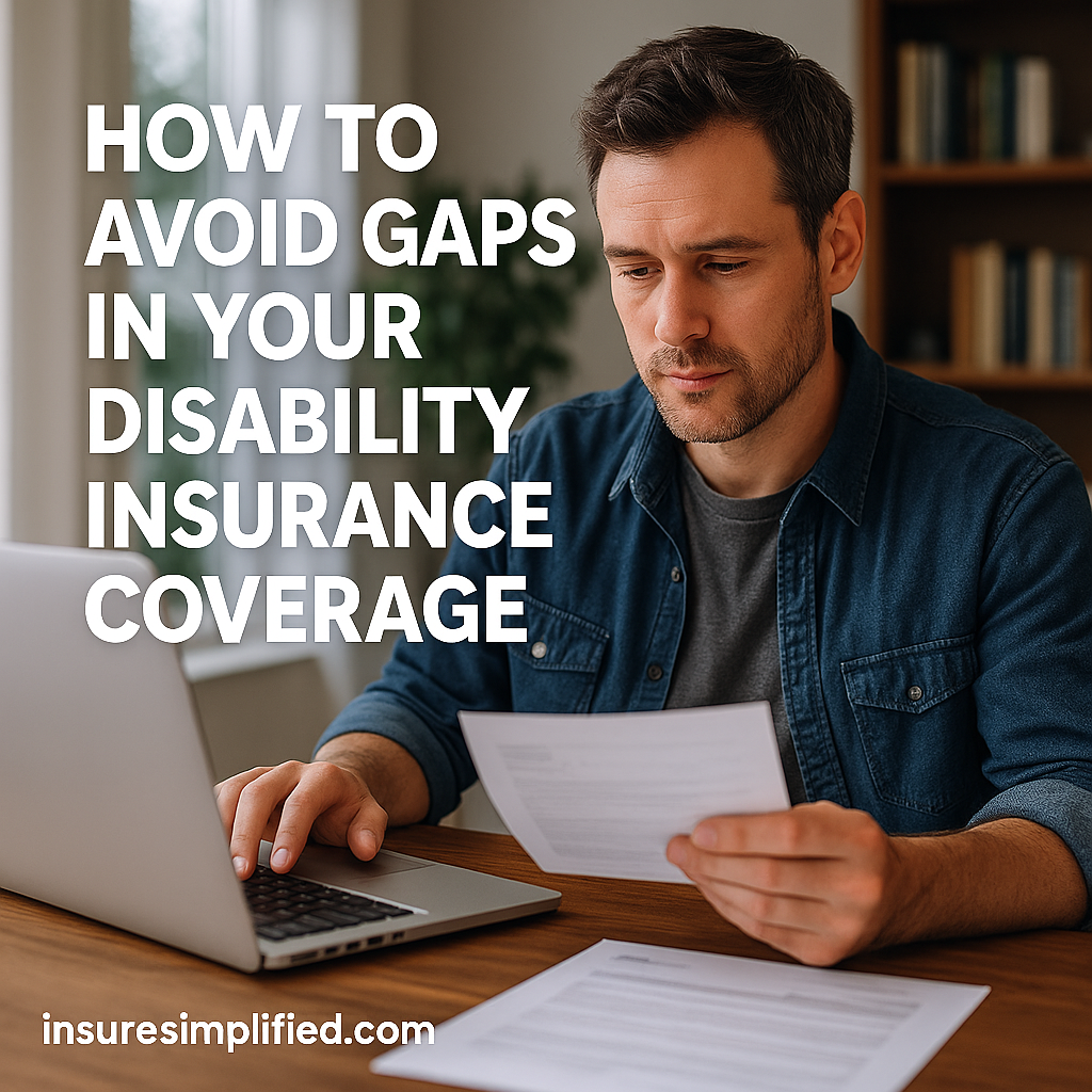 Man reviewing disability insurance documents at a desk while using his laptop, with the title “How to Avoid Gaps in Your Disability Insurance Coverage” displayed on the image.