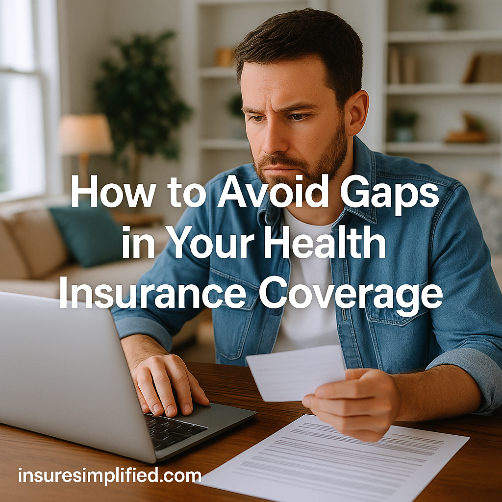 Man reviewing health insurance documents while using his laptop at a table, with the title “How to Avoid Gaps in Your Health Insurance Coverage” displayed on the image.