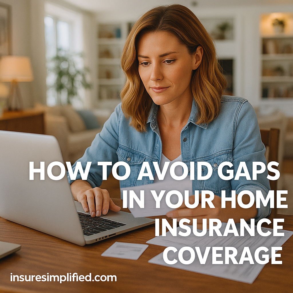 Woman reviewing home insurance documents while working on her laptop at a wooden table in a bright living room, with the title “How to Avoid Gaps in Your Home Insurance Coverage” displayed on the image.