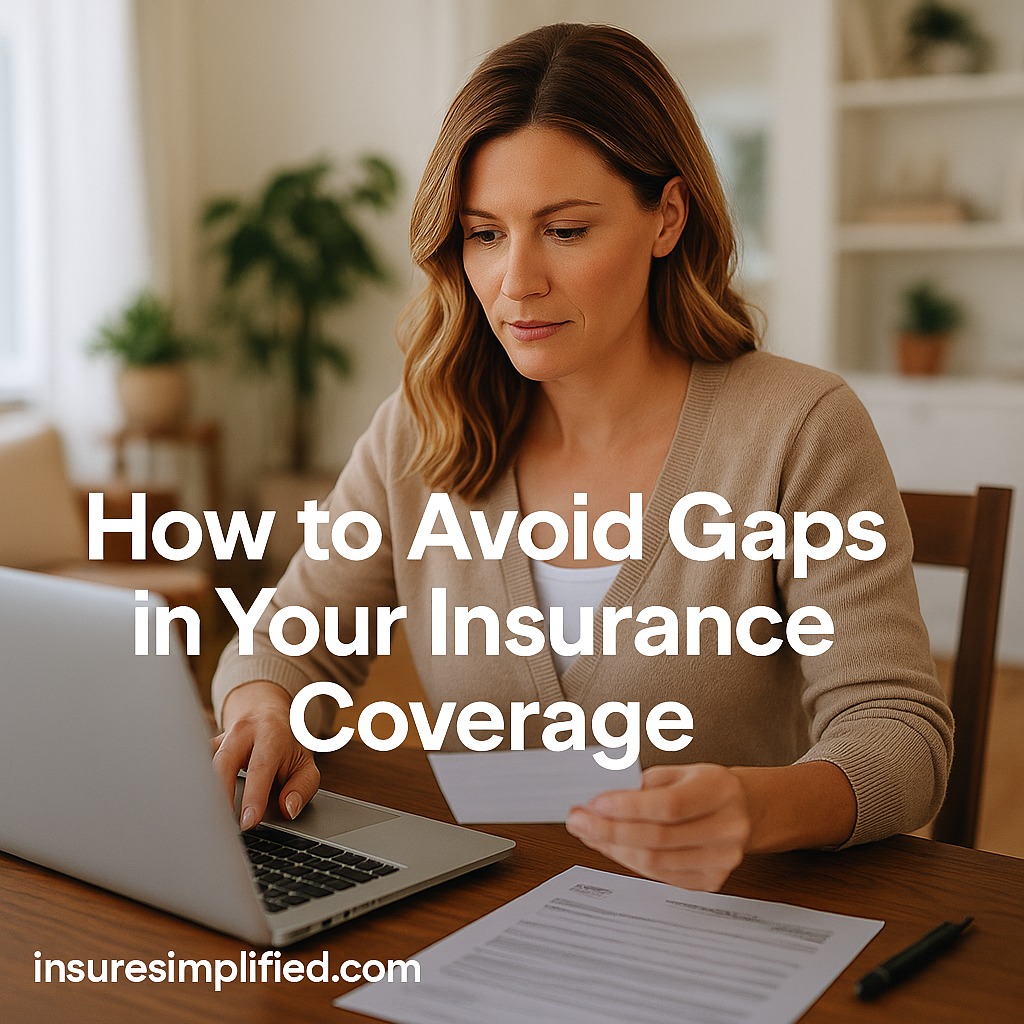 Woman reviewing insurance documents at a desk while using her laptop, with the title “How to Avoid Gaps in Your Insurance Coverage” displayed on the image.