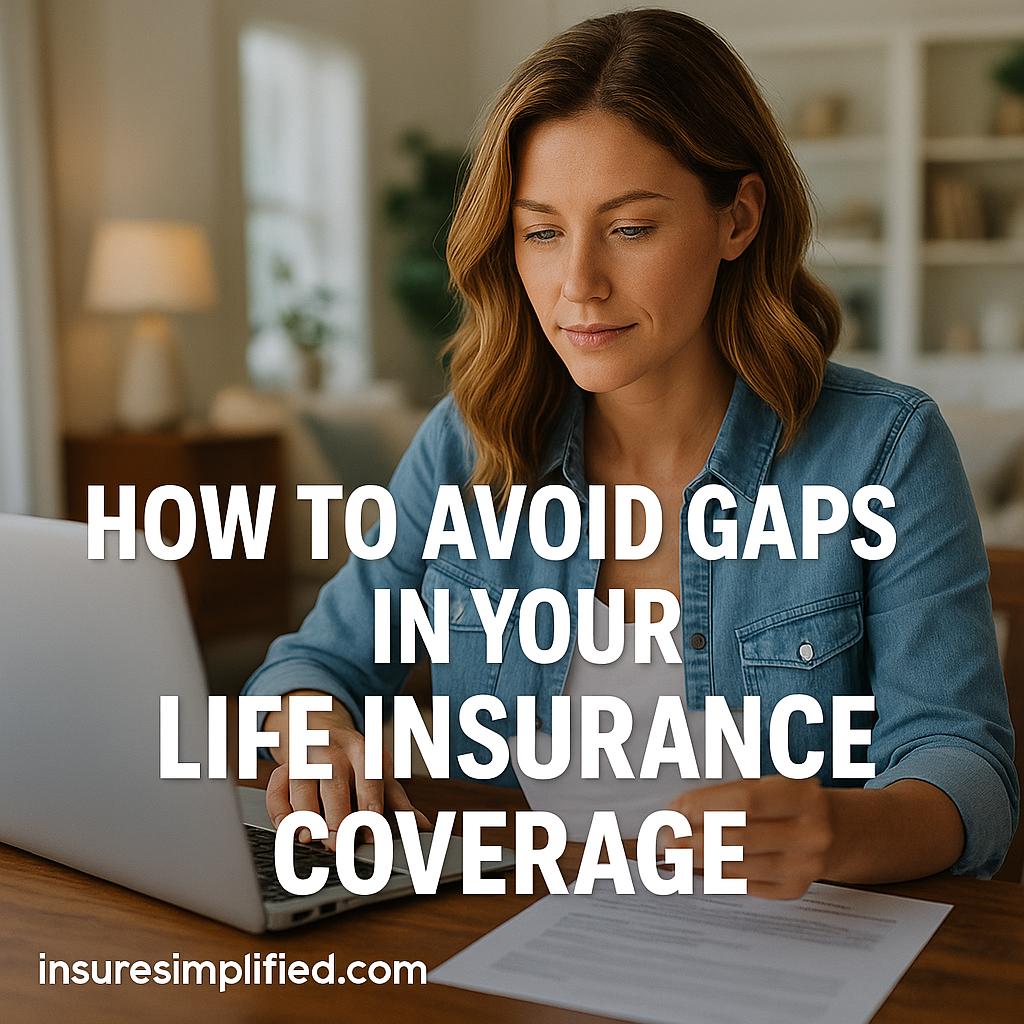Woman reviewing life insurance documents at a table while using her laptop, with the title “How to Avoid Gaps in Your Life Insurance Coverage” displayed on the image.