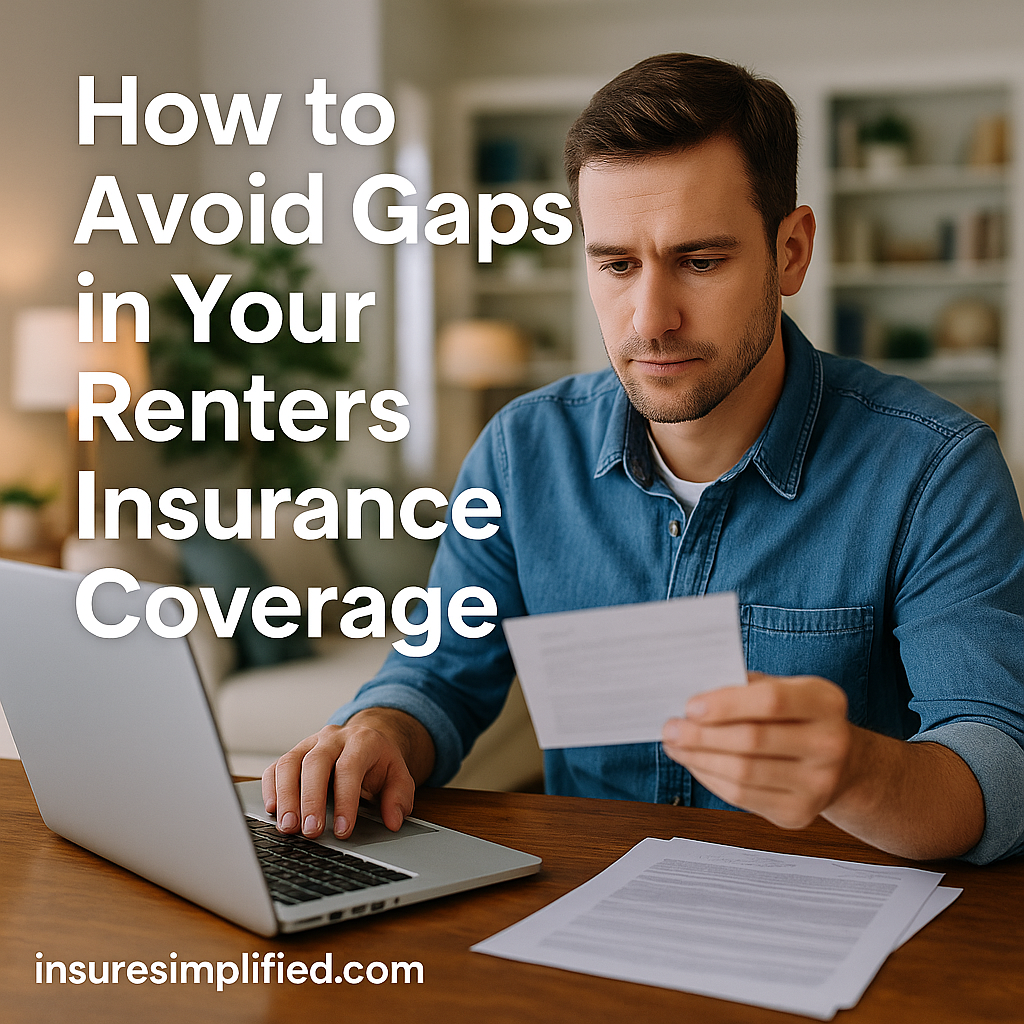 Man reviewing renters insurance documents while using his laptop at a table in a well-lit living room, with the title “How to Avoid Gaps in Your Renters Insurance Coverage” displayed on the image.