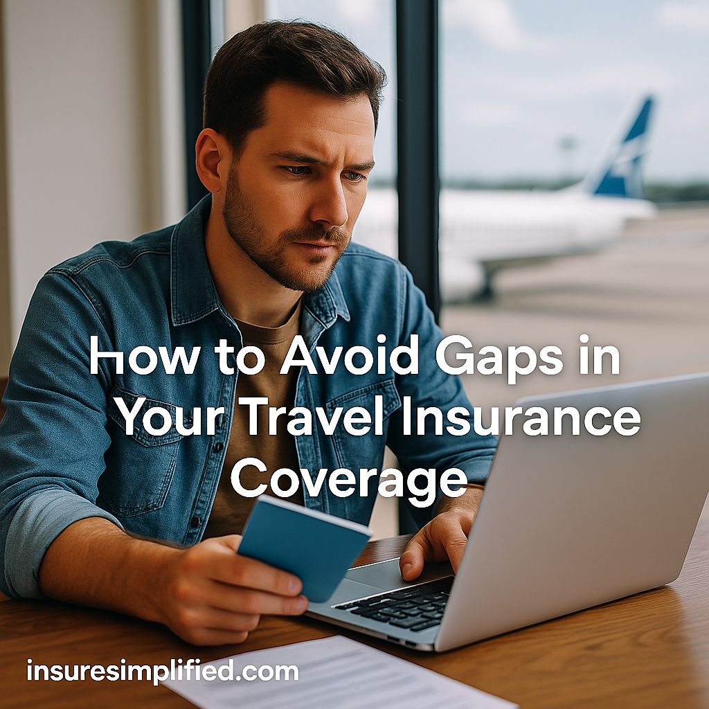 Man sitting at an airport table holding a passport while reviewing travel insurance information on his laptop, with the title “How to Avoid Gaps in Your Travel Insurance Coverage” displayed on the image.