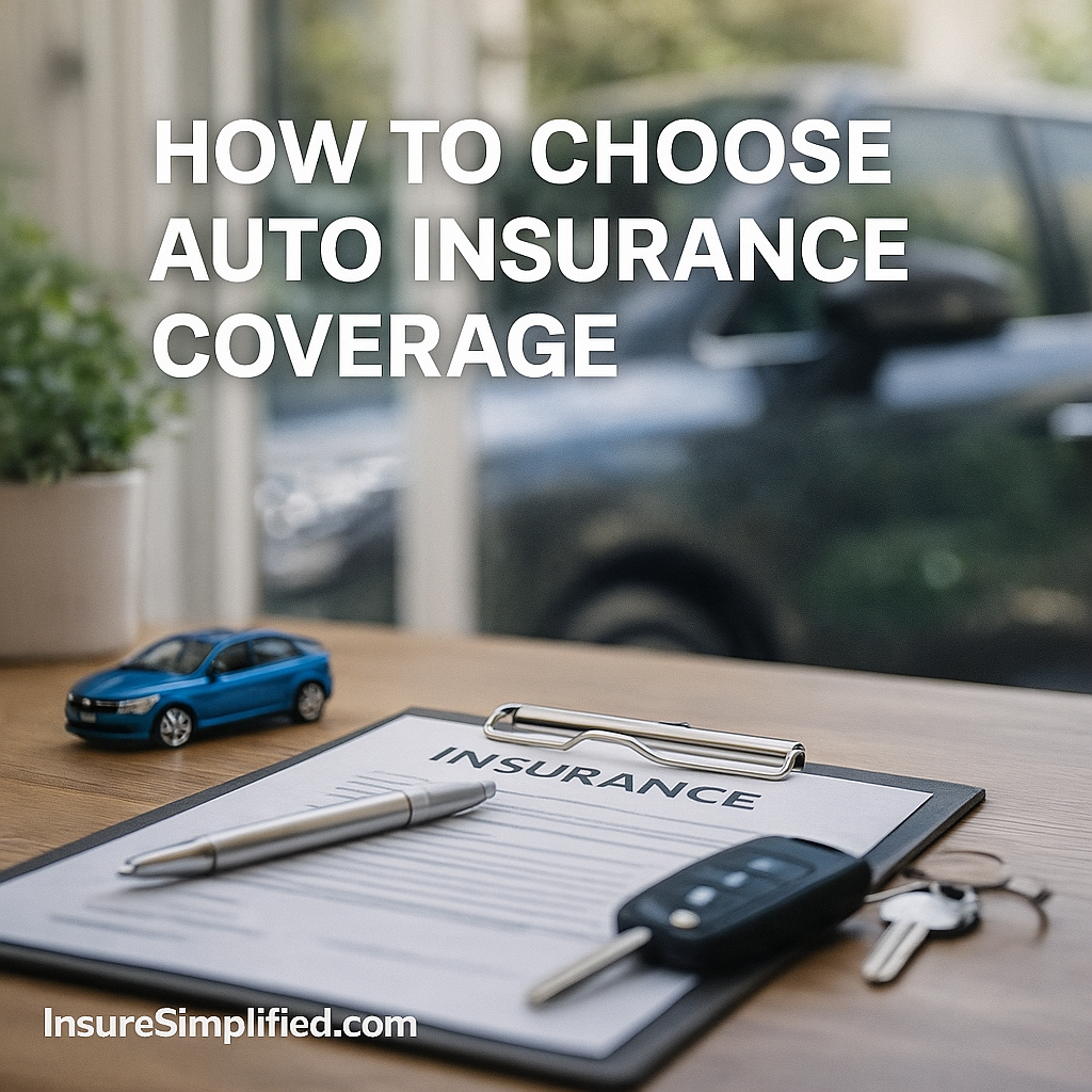 Person signing an auto insurance form on a clipboard with car keys and a toy car on the desk, with the title “How to Choose Auto Insurance Coverage” overlaid.