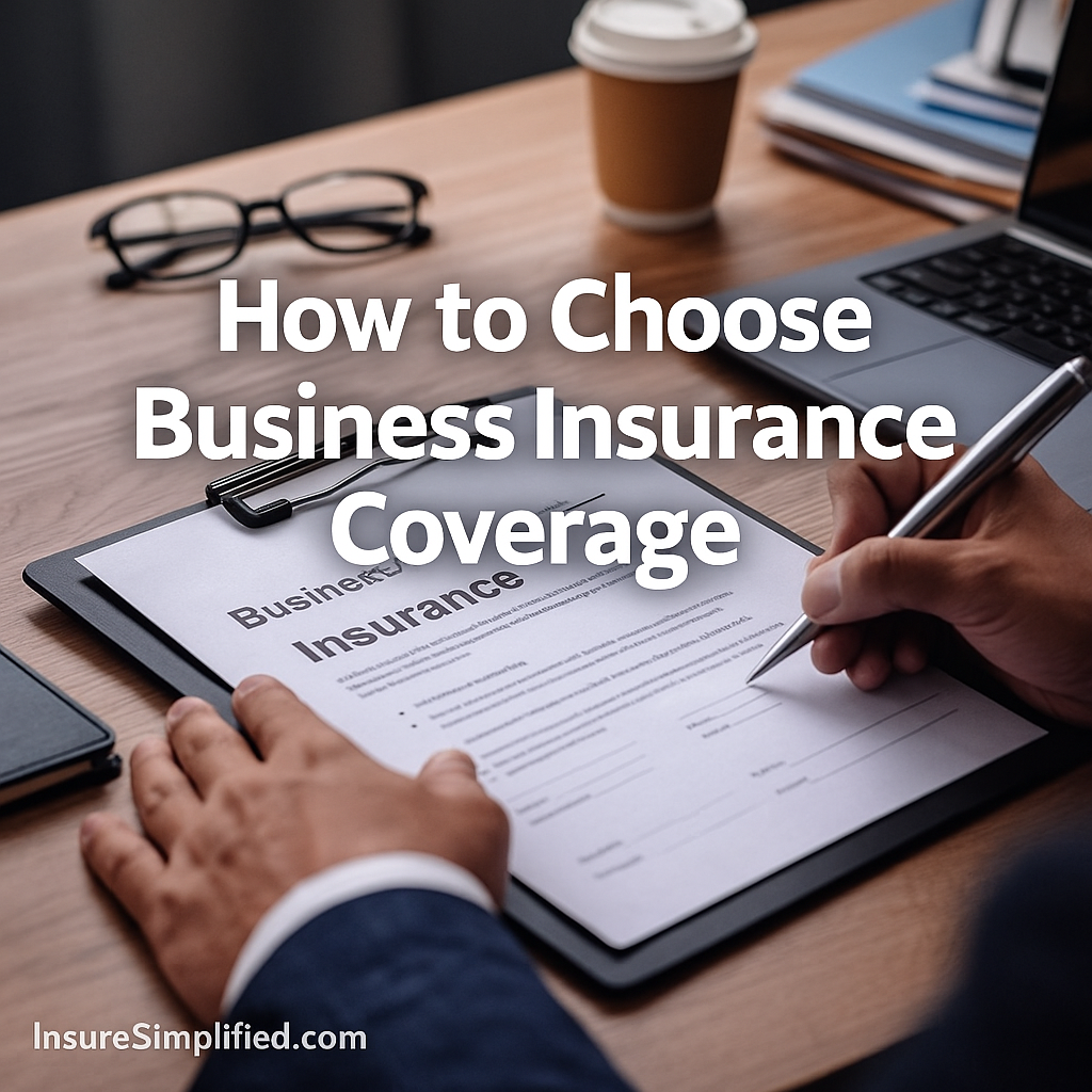 Person signing a business insurance document on a clipboard in a professional office setting, with a laptop, coffee cup, and glasses on the desk, and the title “How to Choose Business Insurance Coverage” overlaid.