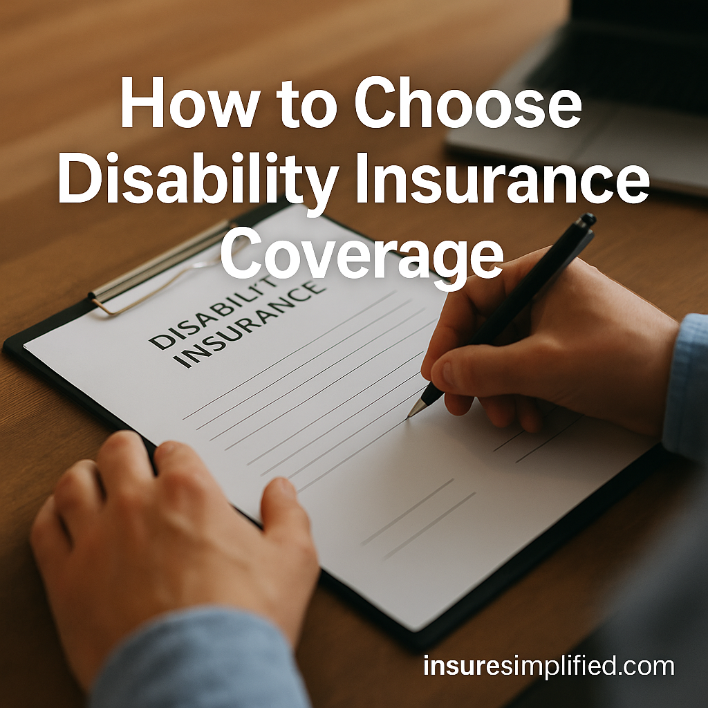 Person filling out a disability insurance form labeled “Disability Insurance” on a clipboard, with hands holding a pen and the title “How to Choose Disability Insurance Coverage” overlaid, along with an insuresimplified.com watermark.