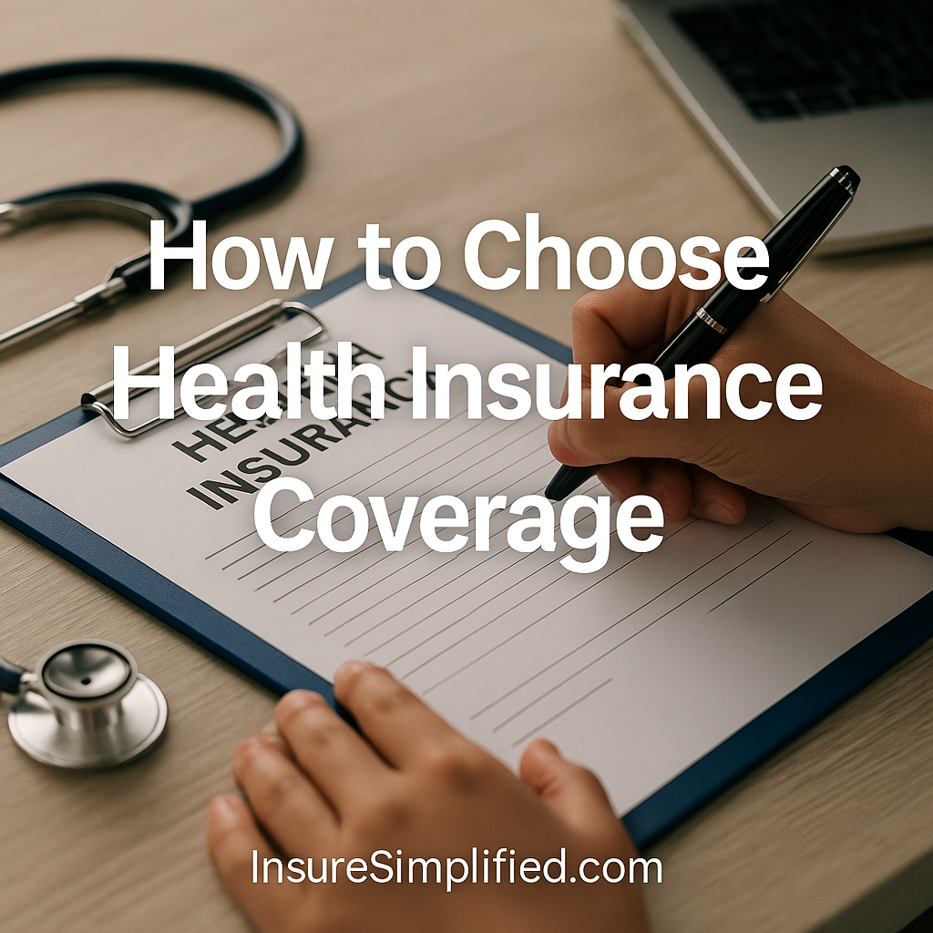 Person filling out a health insurance form on a clipboard with a stethoscope and laptop on the desk, featuring the title “How to Choose Health Insurance Coverage” overlaid.