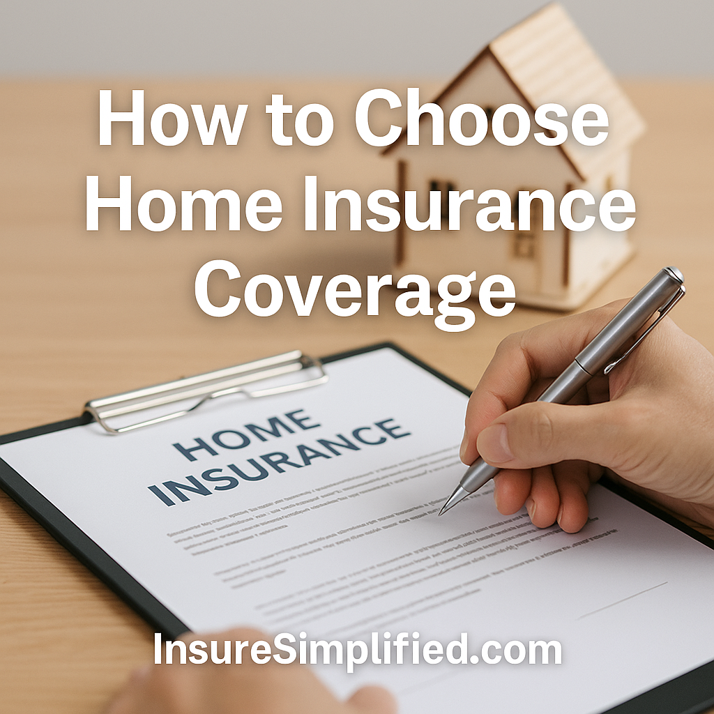 Person signing a home insurance document on a clipboard with a small wooden house model on the desk, with the title “How to Choose Home Insurance Coverage” overlaid.