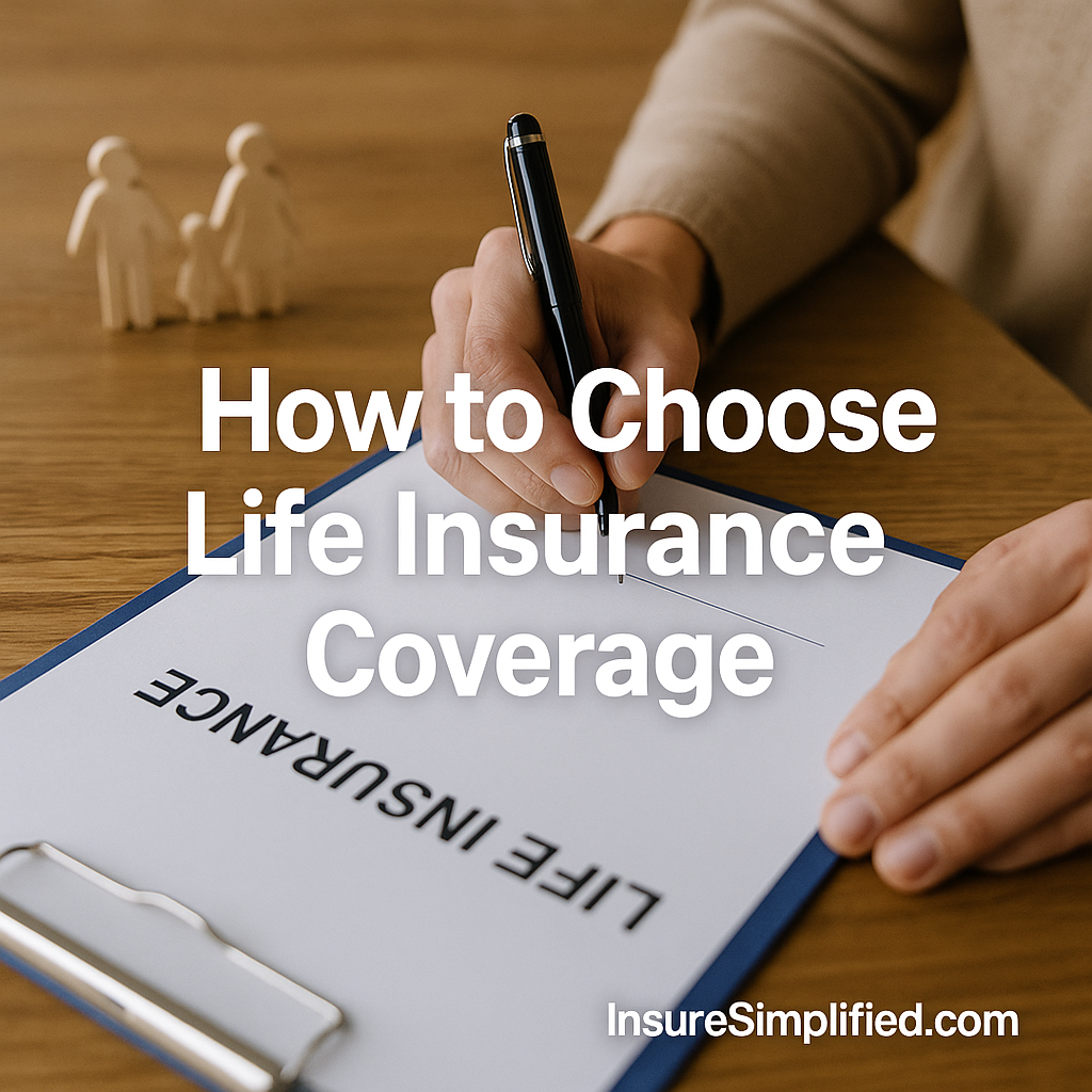 Person signing a life insurance document on a clipboard with small wooden family figures blurred in the background, with the title “How to Choose Life Insurance Coverage” overlaid.