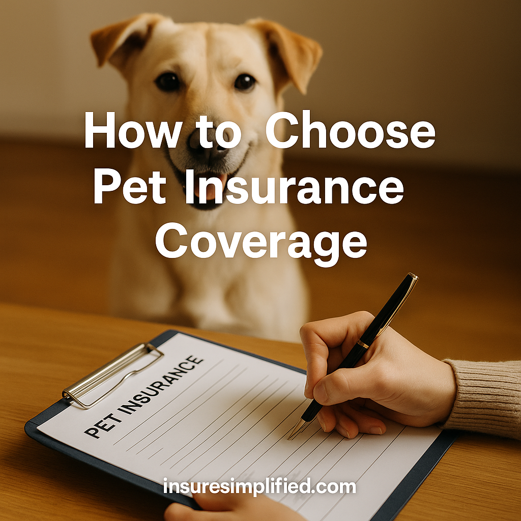 Person filling out a pet insurance form on a clipboard with a smiling tan dog in the background, featuring the title “How to Choose Pet Insurance Coverage” and an insuresimplified.com watermark.