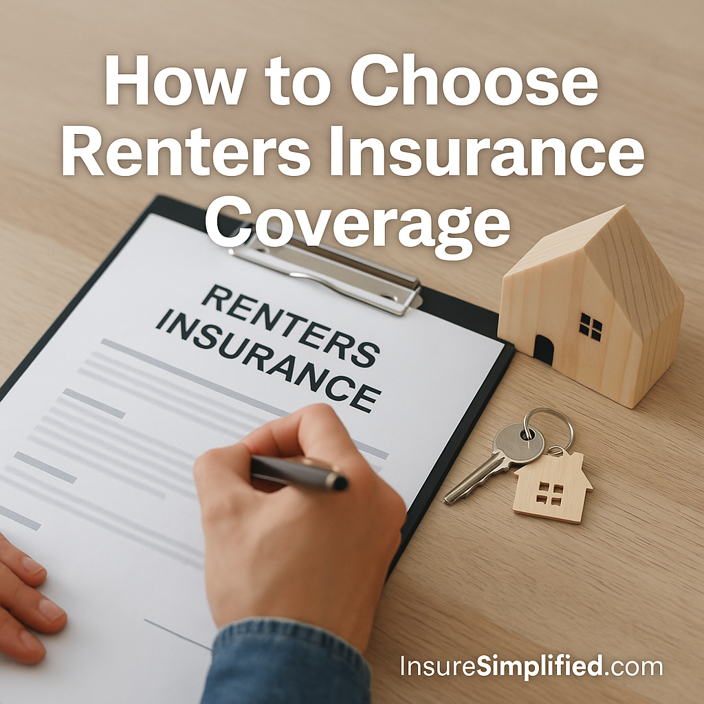 Person signing a renters insurance form on a clipboard with a small wooden house model and a set of keys on the desk, with the title “How to Choose Renters Insurance Coverage” overlaid.