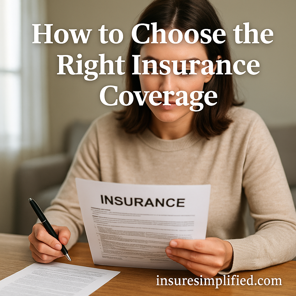 Woman sitting at a table reviewing an insurance document while holding a pen, with the overlaid title “How to Choose the Right Insurance Coverage” and an insuresimplified.com watermark.