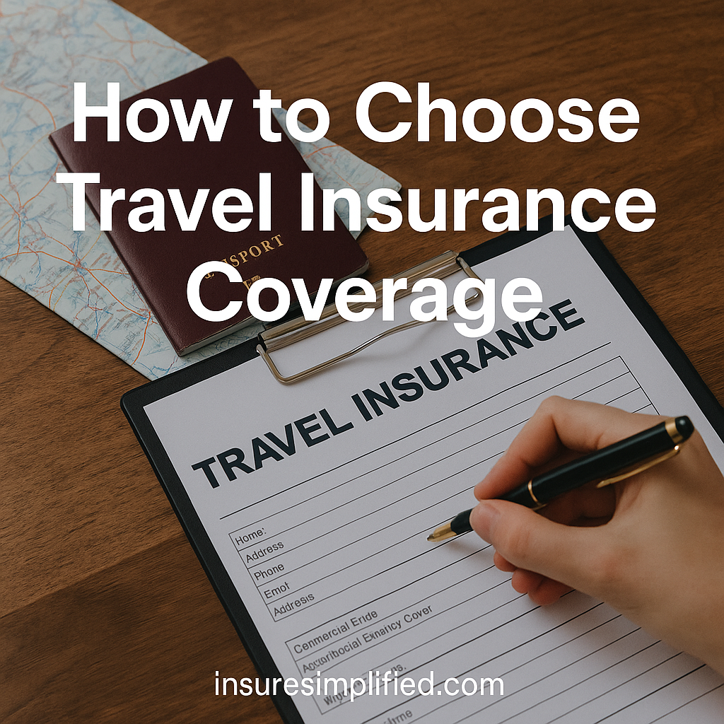 Person filling out a travel insurance form on a clipboard with a passport and map beside it, featuring the title “How to Choose Travel Insurance Coverage” and an insuresimplified.com watermark.