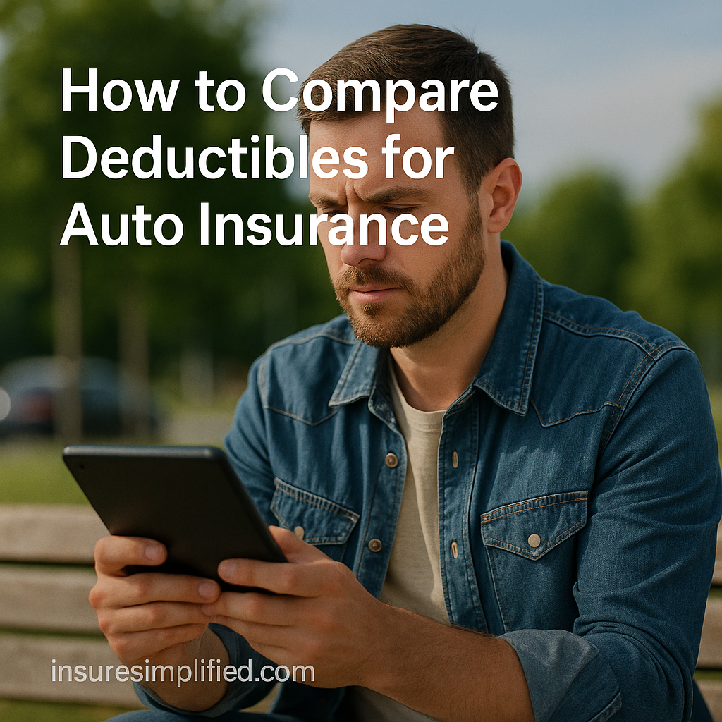 A man sitting outdoors on a bench reviewing auto insurance deductible information on a digital device, with the article title displayed above him.