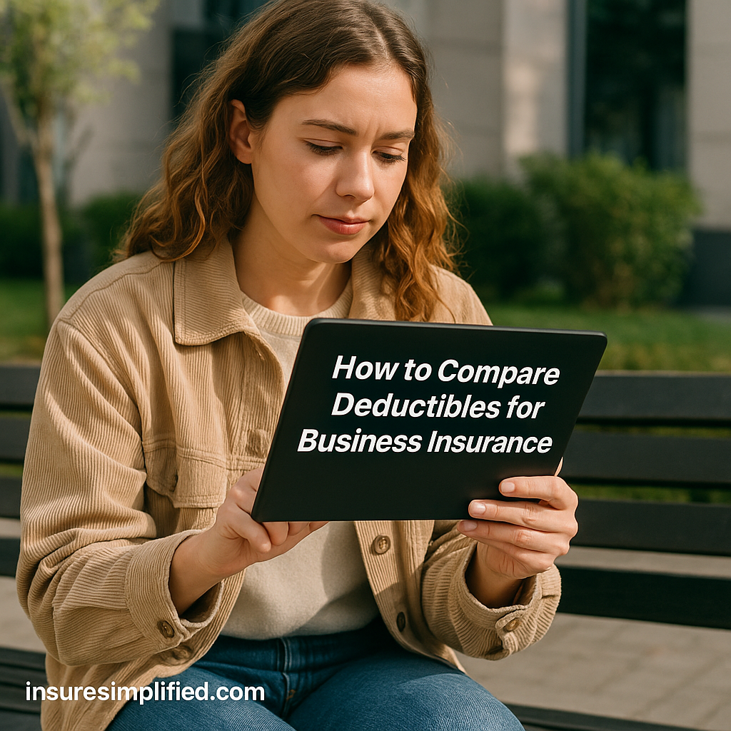 A woman sitting outdoors reviewing business insurance deductible information on a digital device, with the article title displayed above her.