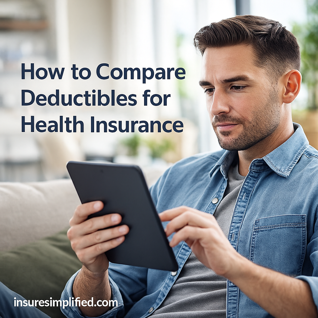 A man sitting indoors reviewing health insurance deductible information on a digital device, with the article title displayed above him.