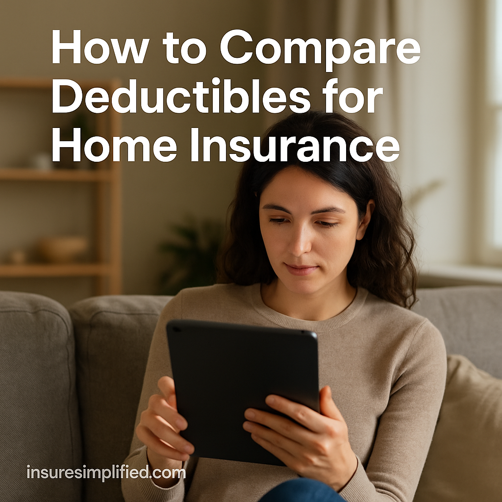 A woman sitting indoors on a sofa reviewing home insurance deductible information on a digital device, with the article title displayed above her.