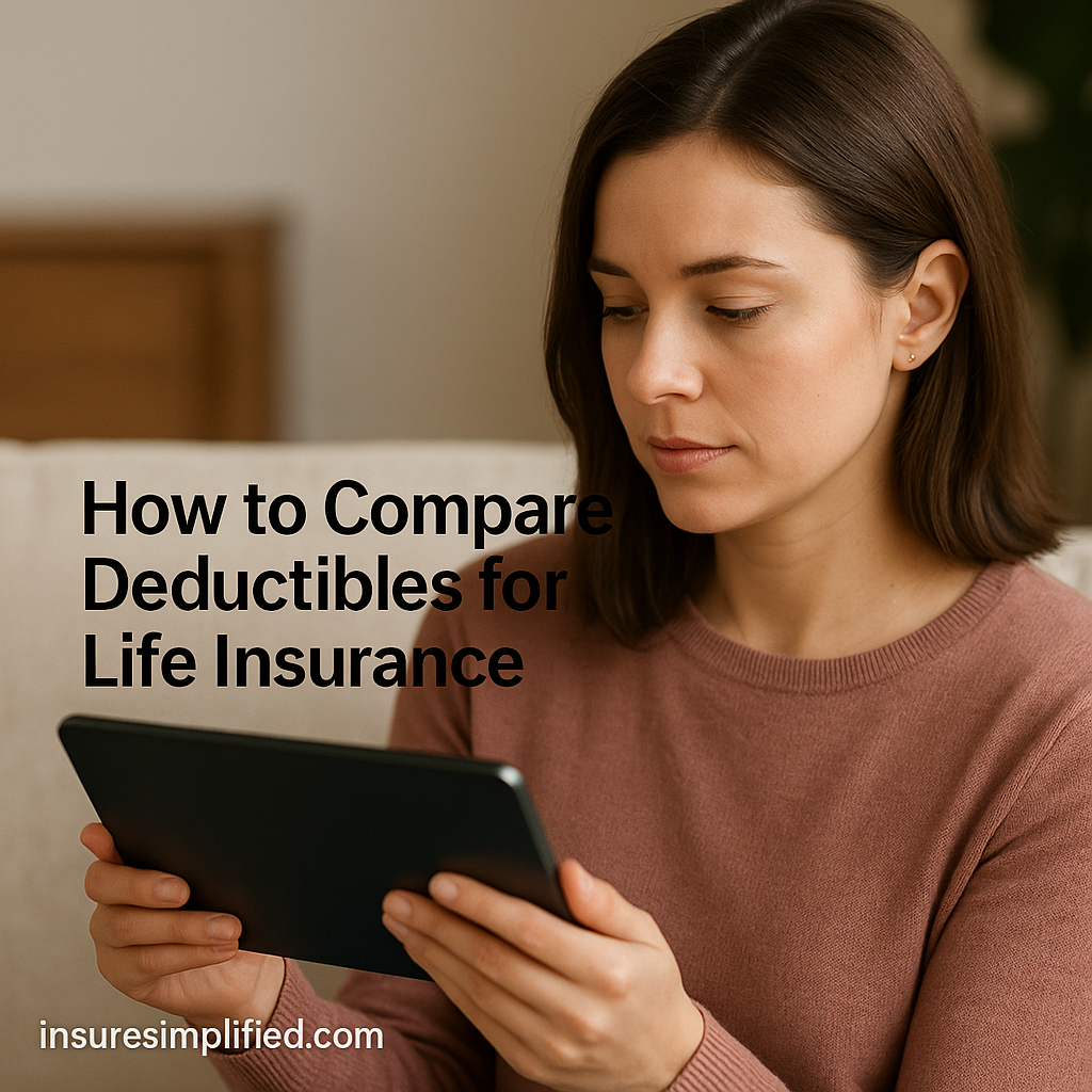 A woman sitting indoors reviewing life insurance deductible information on a digital device, with the article title displayed above her.