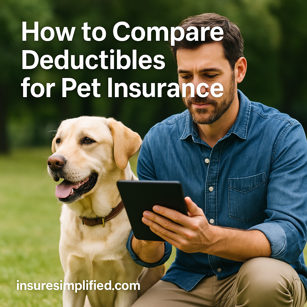 A man outdoors reviewing pet insurance deductible information on a digital device beside his Labrador Retriever, with the article title displayed above him.