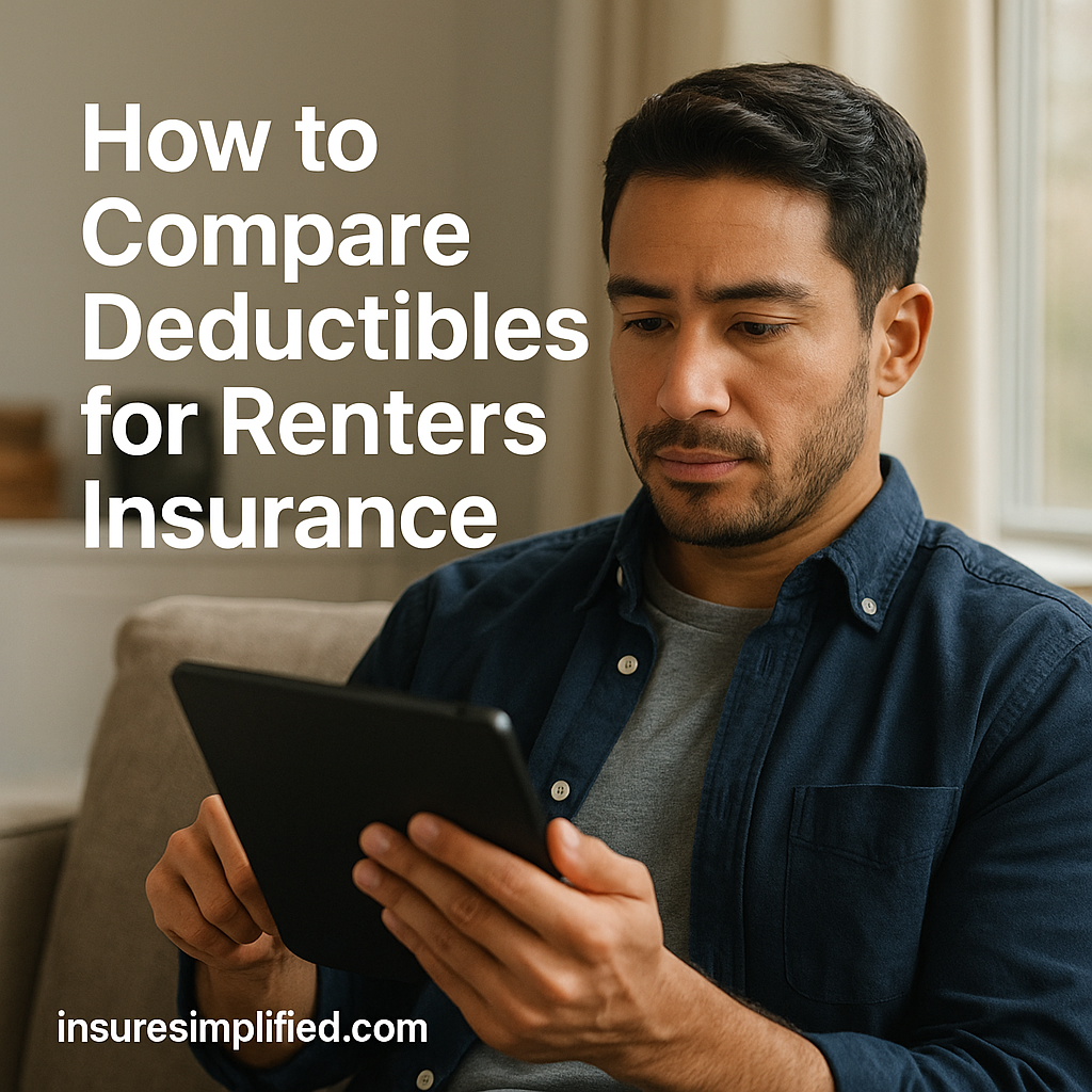 A man sitting indoors reviewing renters insurance deductible information on a digital device, with the article title displayed above him.
